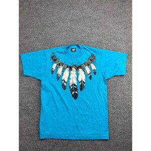 VNTG Rag Tops Native American Feathers T Shirt Men's L Blue USA Single Stitch